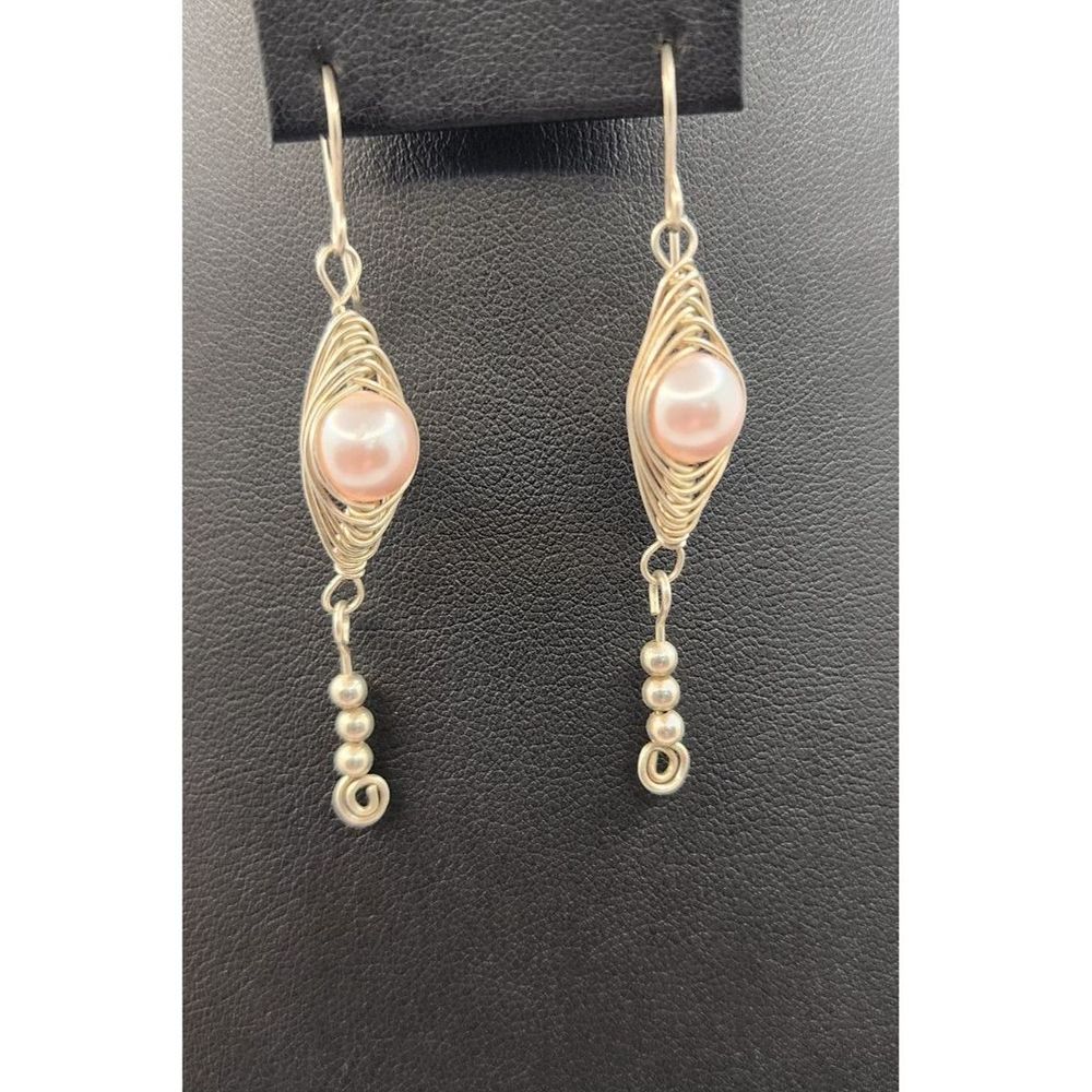 Pink Faux Pearl Gold Tone Dangle Drop Earrings